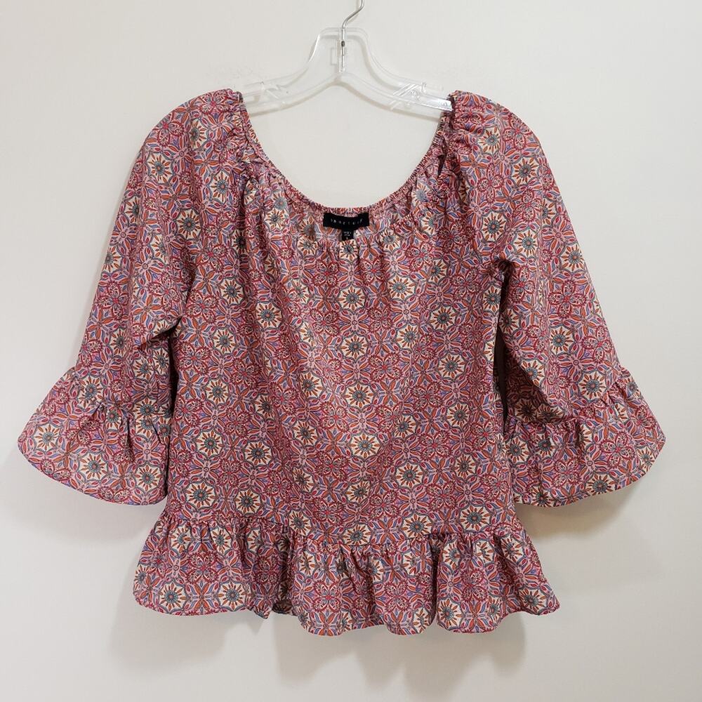 Sanctuary off the shoulder 3/4 bell sleeve vibrant print blouse‎ woman's size L